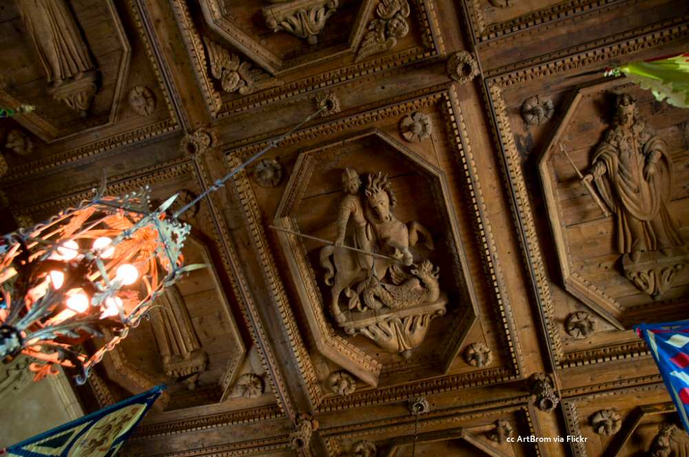 Dining hall ceiling detail with St. George