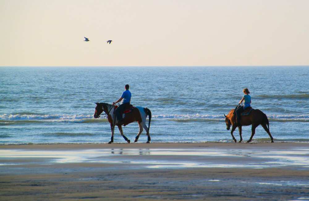 A couple of people riding horses on a beach.