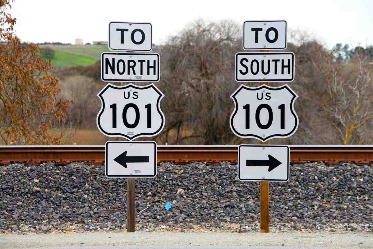 Two signs pointing to the north and south bound hwy 101.